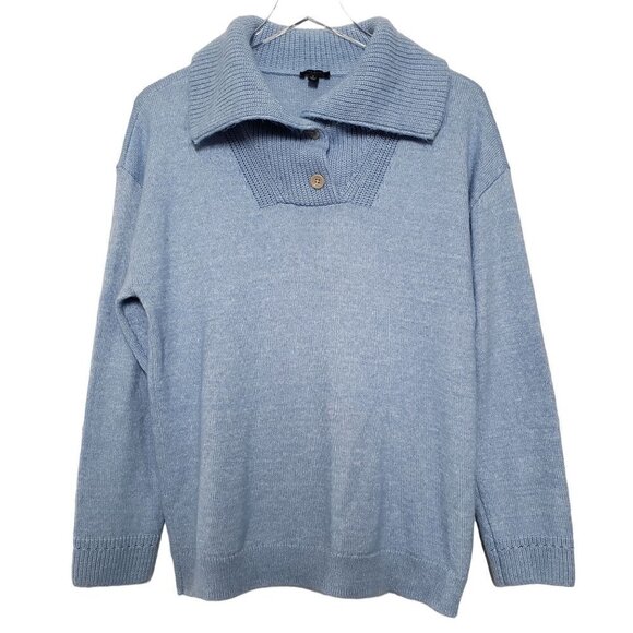 Talbots Breton Button Collar Pullover Cotton Blend Knit Blue Sweater Womens L - Picture 1 of 7